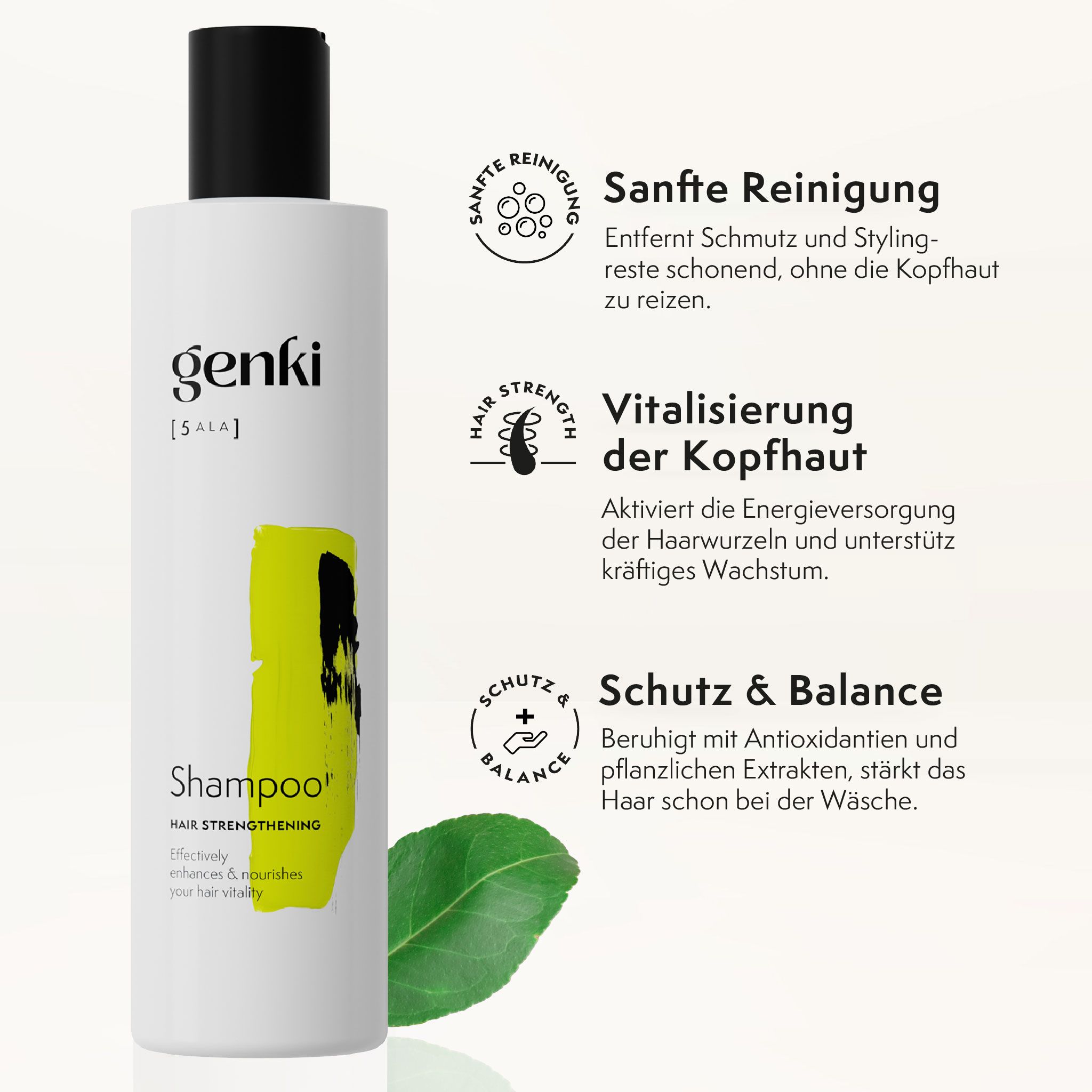 Weiße Flasche mit schwarzem Deckel. Aufschrift: Genki, Shampoo. Gelber Akzent. Text über Inhaltsstoffe und Wirkung.