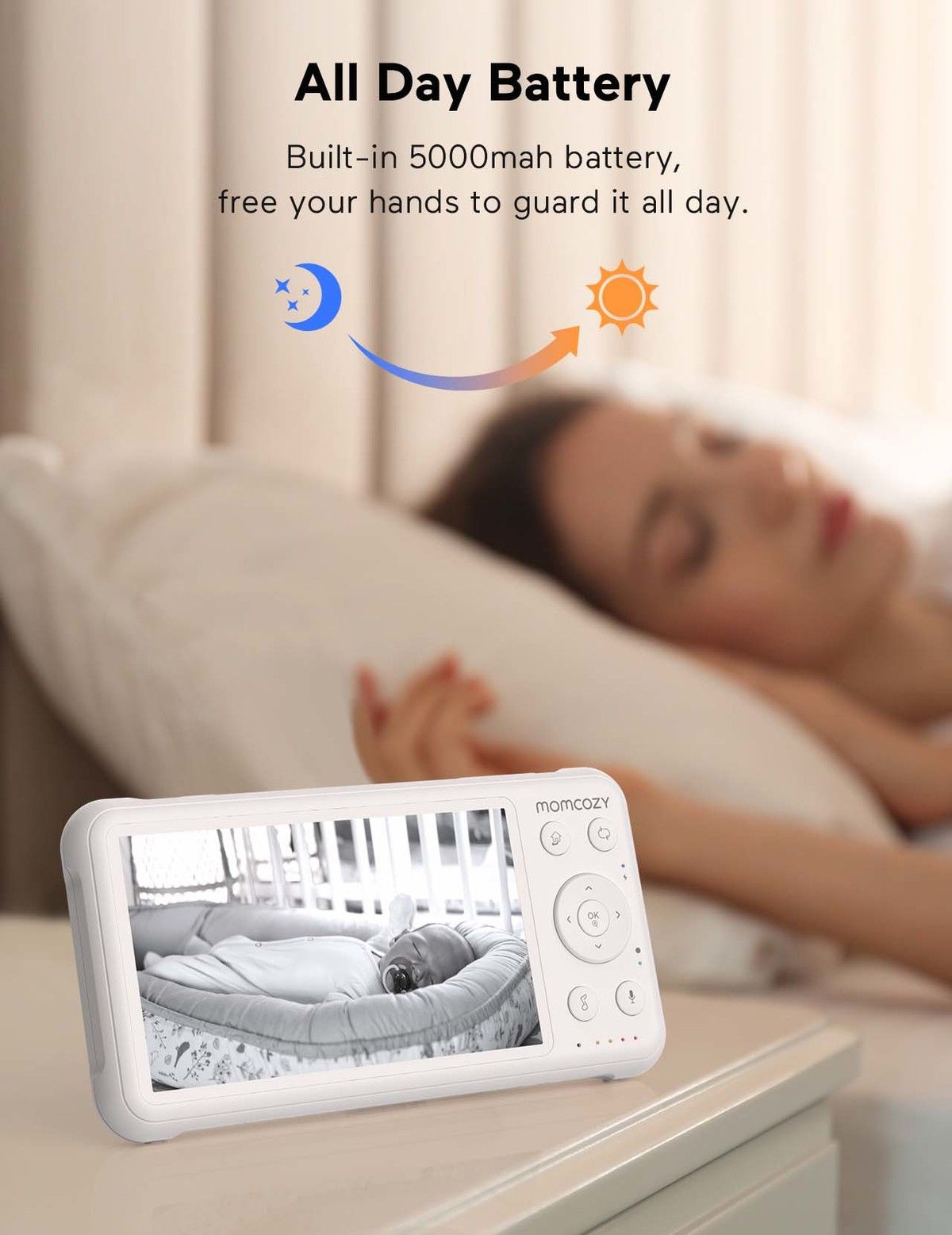 Il baby monitor Momcozy mostra un bambino in un letto. Il dispositivo è bianco e ha pulsanti. Il testo mostra la durata della batteria per tutto il giorno con una batteria da 5000 mAh. Una persona che dorme è visibile sullo sfondo.
