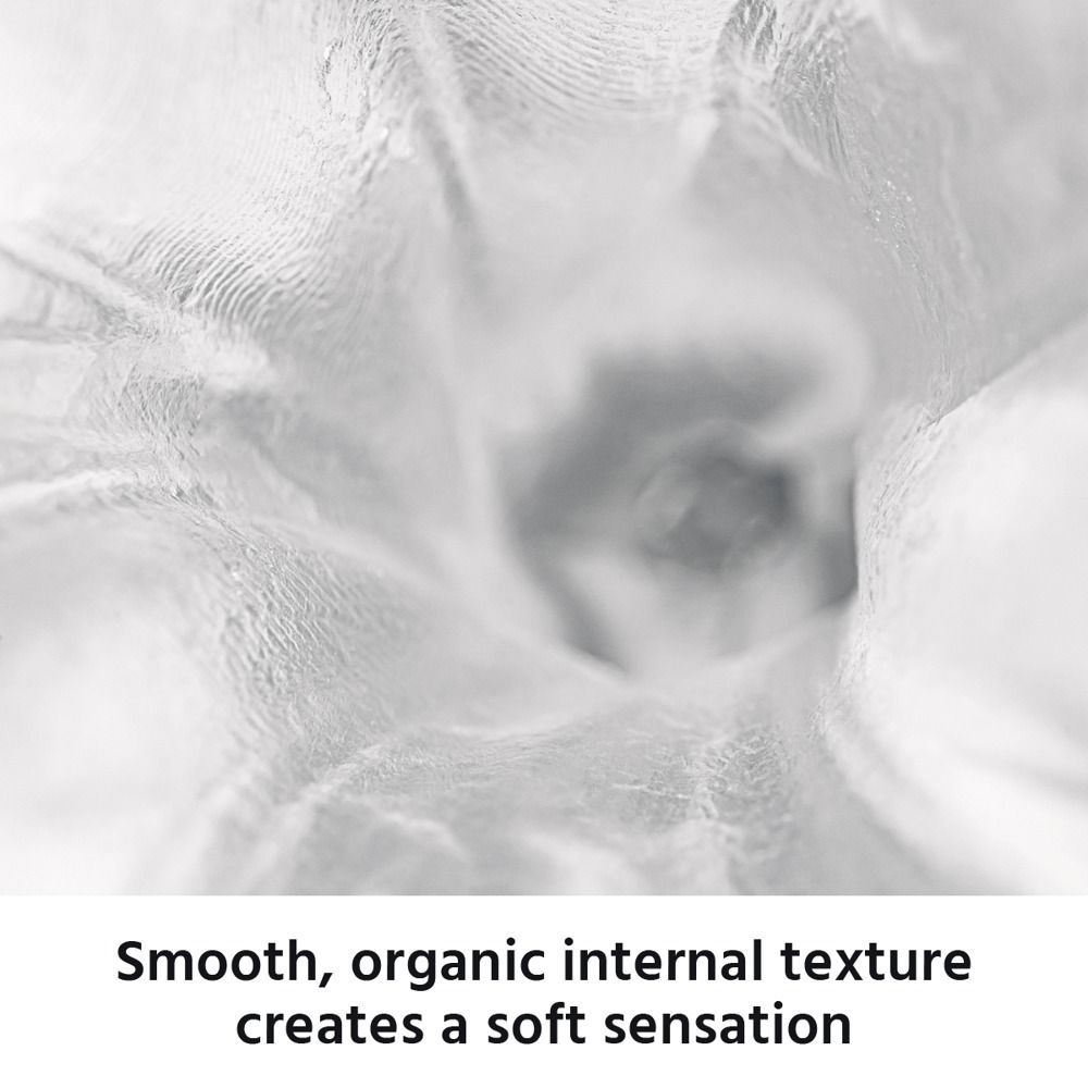 Nahaufnahme einer weißen, organischen Textur. Weiche, wellenförmige Oberfläche. Text darunter: „Smooth, organic internal texture...“