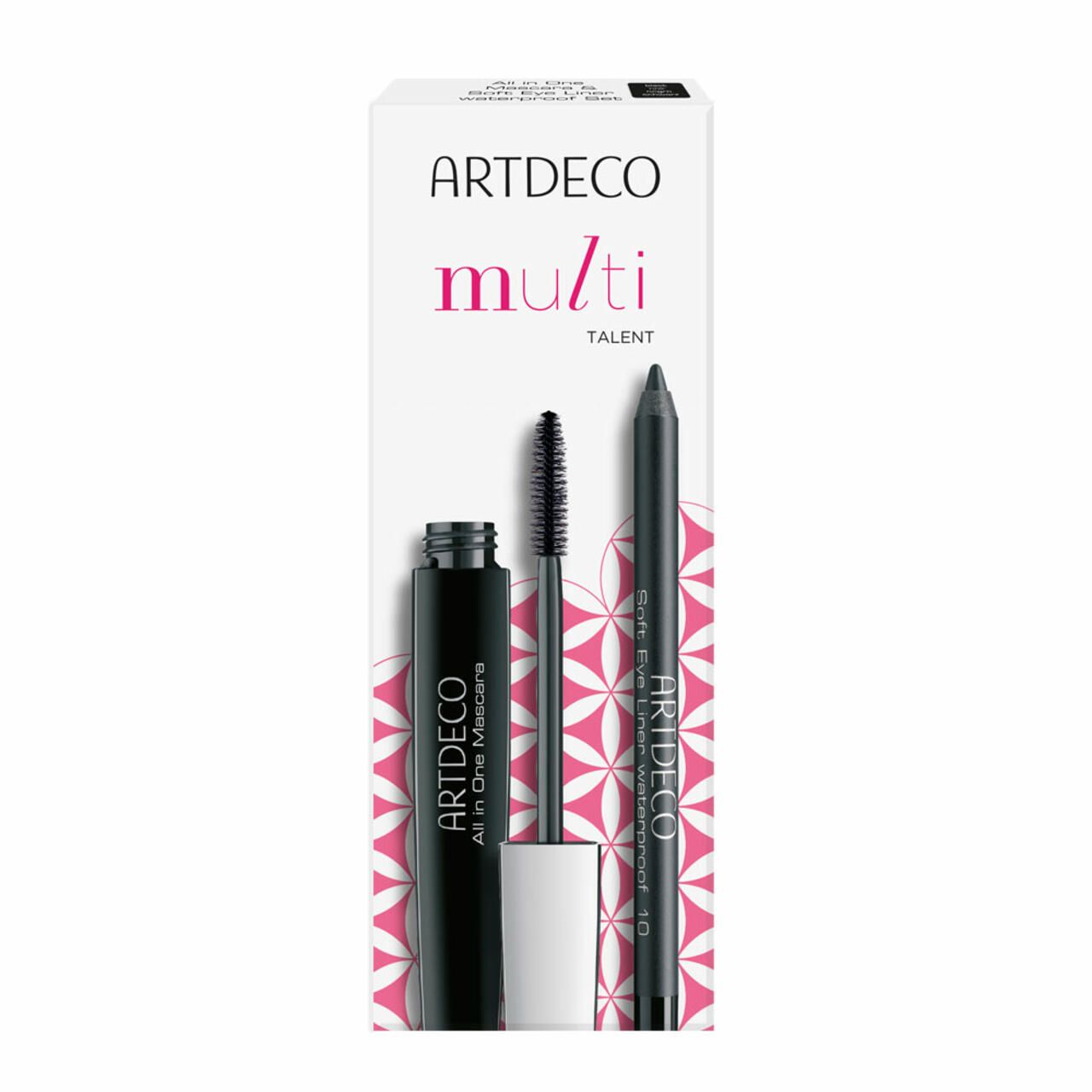 Artdeco Multi Talent Set. Mascara- und Eyeliner-Set in Verpackung. Schwarze Mascara-Tube, Bürste, schwarzer Eyeliner-Stift.
