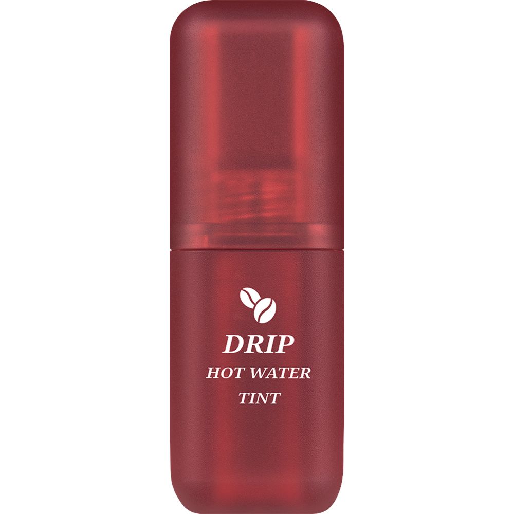 Roter Lip Tint-Behälter. Aufschrift: Drip Hot Water Tint. Kaffeebohnen-Symbol. Deckel geschlossen.