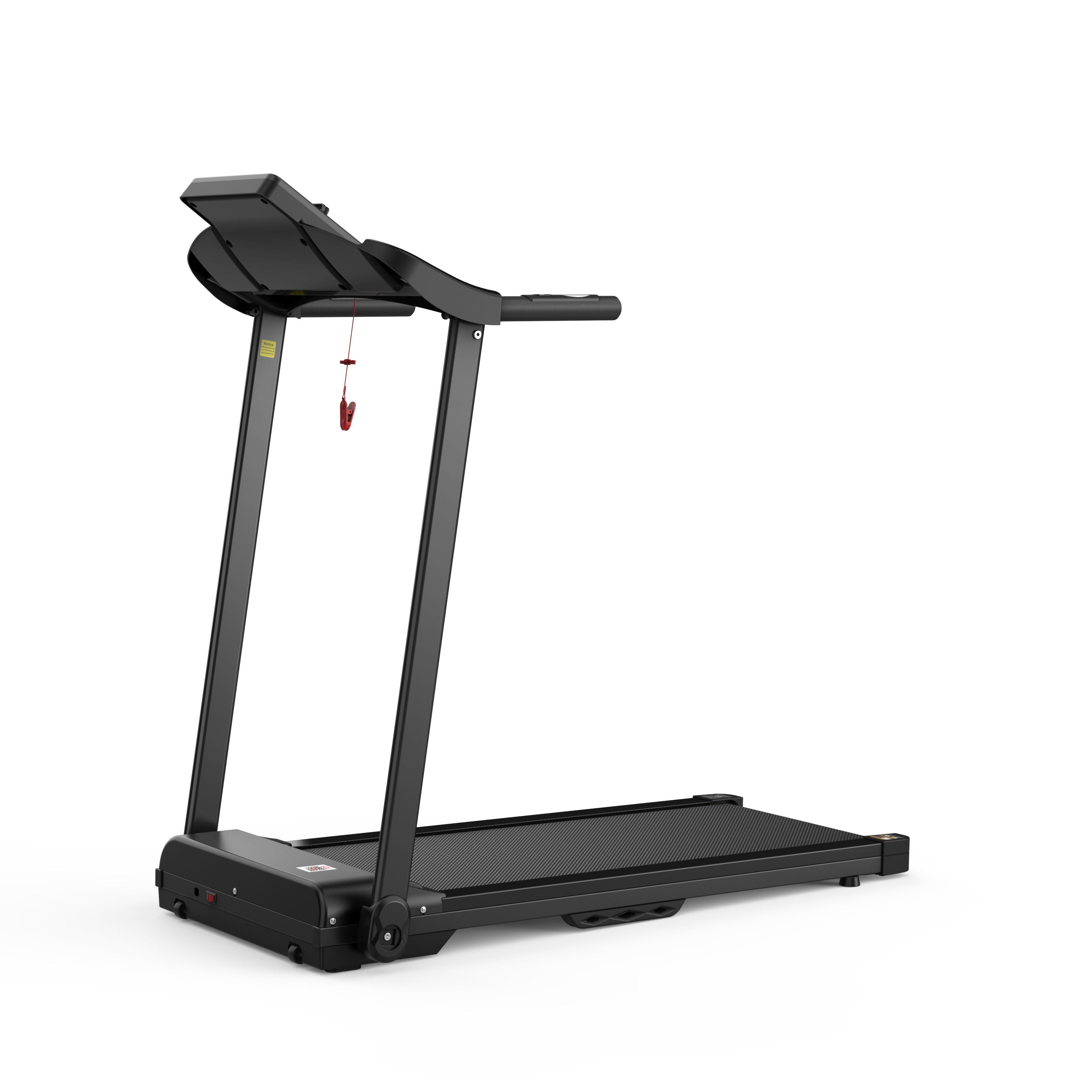 Schwarzes, zusammenklappbares Laufband. Mit Display und Haltegriffen. Roter Sicherheitsclip.