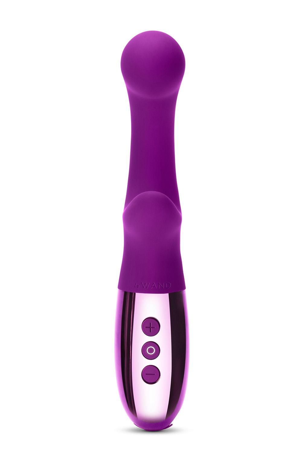 Lila Vibrator mit gerader Form, silberfarbenem Sockel und drei Knöpfen. Oberteil mit zwei abgerundeten Spitzen.