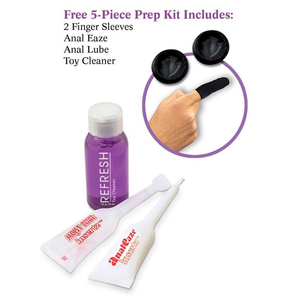 Zubehör: Fingerlinge, Gleitmittel, Toy Cleaner. Aufschrift: Refresh, Moist Insertz, Anal Eaze. Inklusive Prep Kit.