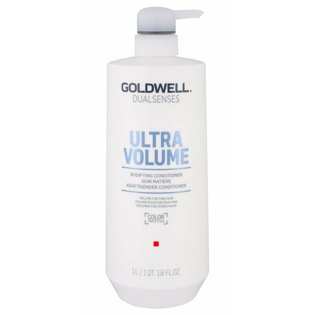 Goldwell Dual Senses Ultra Volume Conditioner. Weiße Flasche mit Pumpe. Text: Ultra Volume, Bodifying Conditioner, Color Protection. 1L.