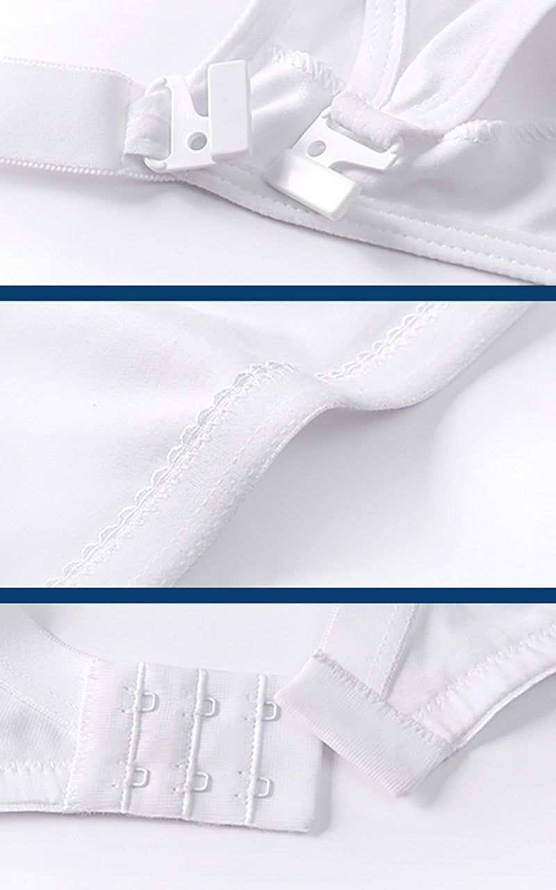 Detailaufnahmen eines weißen Still-BHs. Clip-Verschluss, Nahtdetails, Hakenverschluss.
