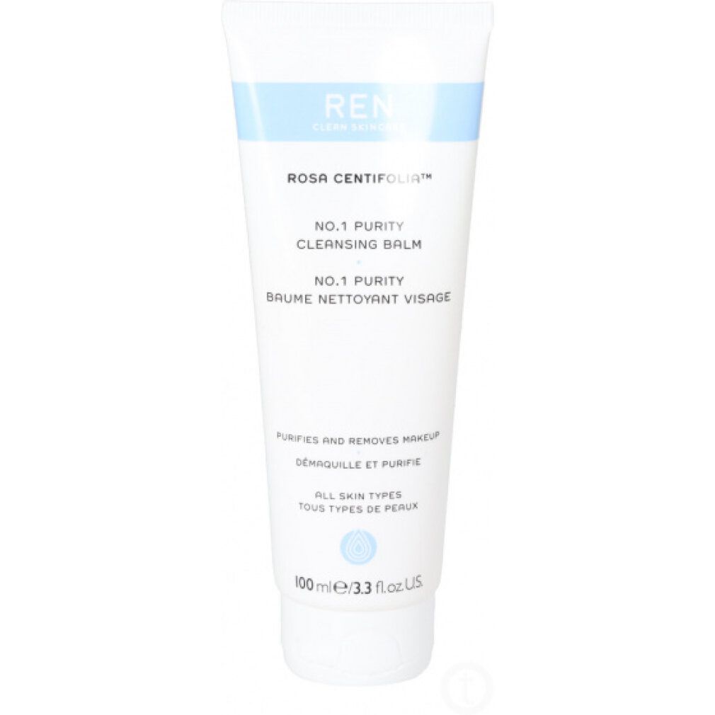 Weiße Tube mit blauem Streifen. Text: REN, Rosa Centifolia, No.1 Purity Cleansing Balm, 100ml/3.3 fl.oz. Reinigt und entfernt Make-up.