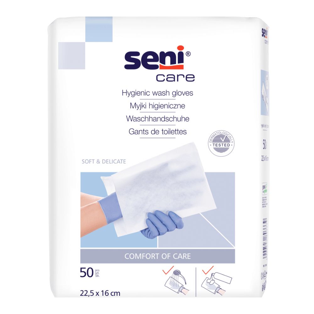 Verpackung mit Seni Care Waschhandschuhen. Enthält 50 Stück. Aufdruck: Hygienische Waschhandschuhe, 22,5 x 16 cm. Geprüftes Produkt.