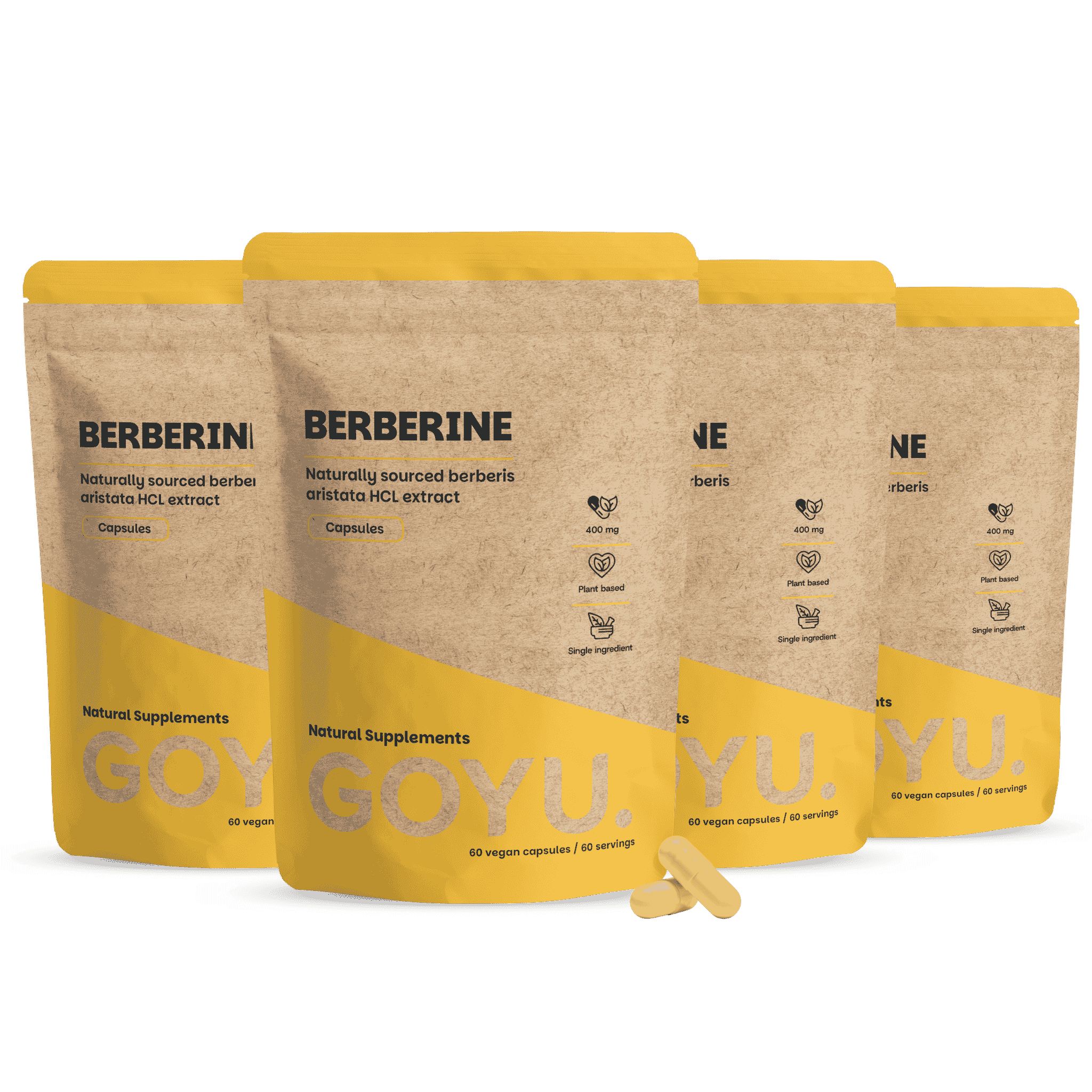 Vier Packungen GOYU Berberin Kapseln, eine davon geöffnet, mit zwei Kapseln daneben.