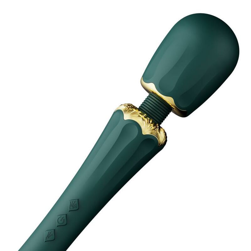 Dunkelgrüner Stabvibrator. Goldfarbene Akzente. Geformte Oberfläche. Drei Knöpfe. Zalo-Logo.