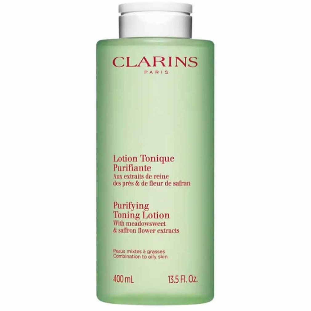 Grüne Flasche mit weißem Deckel. Text: Clarins Paris, Lotion Tonique Purifiante, Purifying Toning Lotion. 400 ml, 13.5 FL. OZ.