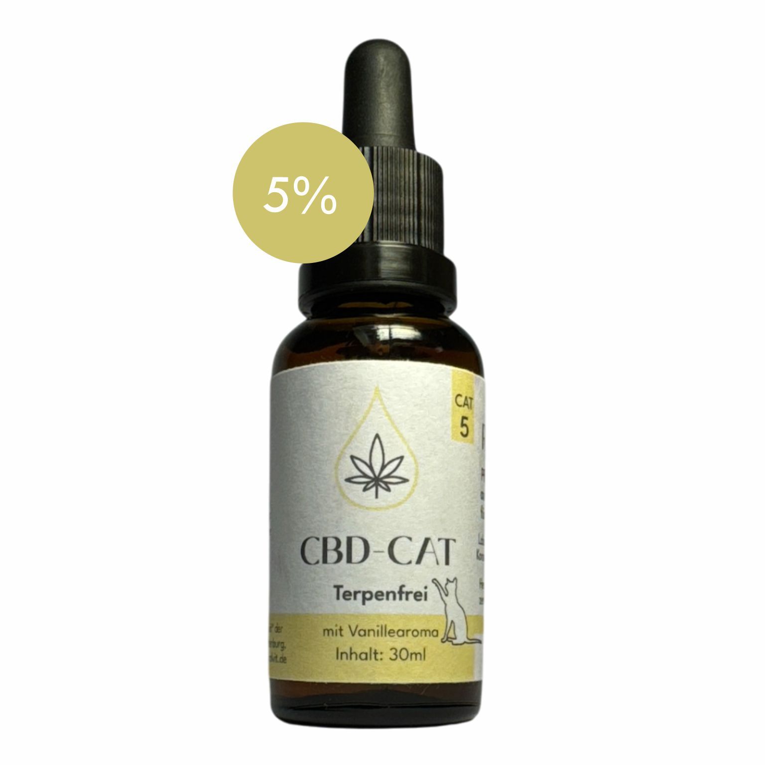 CBD Öl Flasche für Katzen, 5% CBD, Terpenfrei, mit Vanillearoma, 30ml. 5% Kennzeichnung.