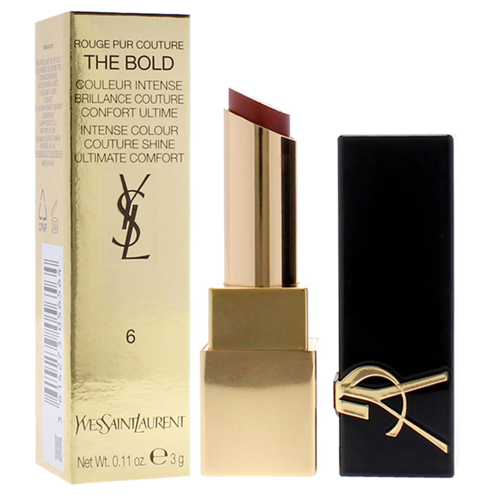 Yves Saint Laurent Lippenstift mit Verpackung. Schwarze Hülle, goldene Details. Produktname und Farbnummer 6.