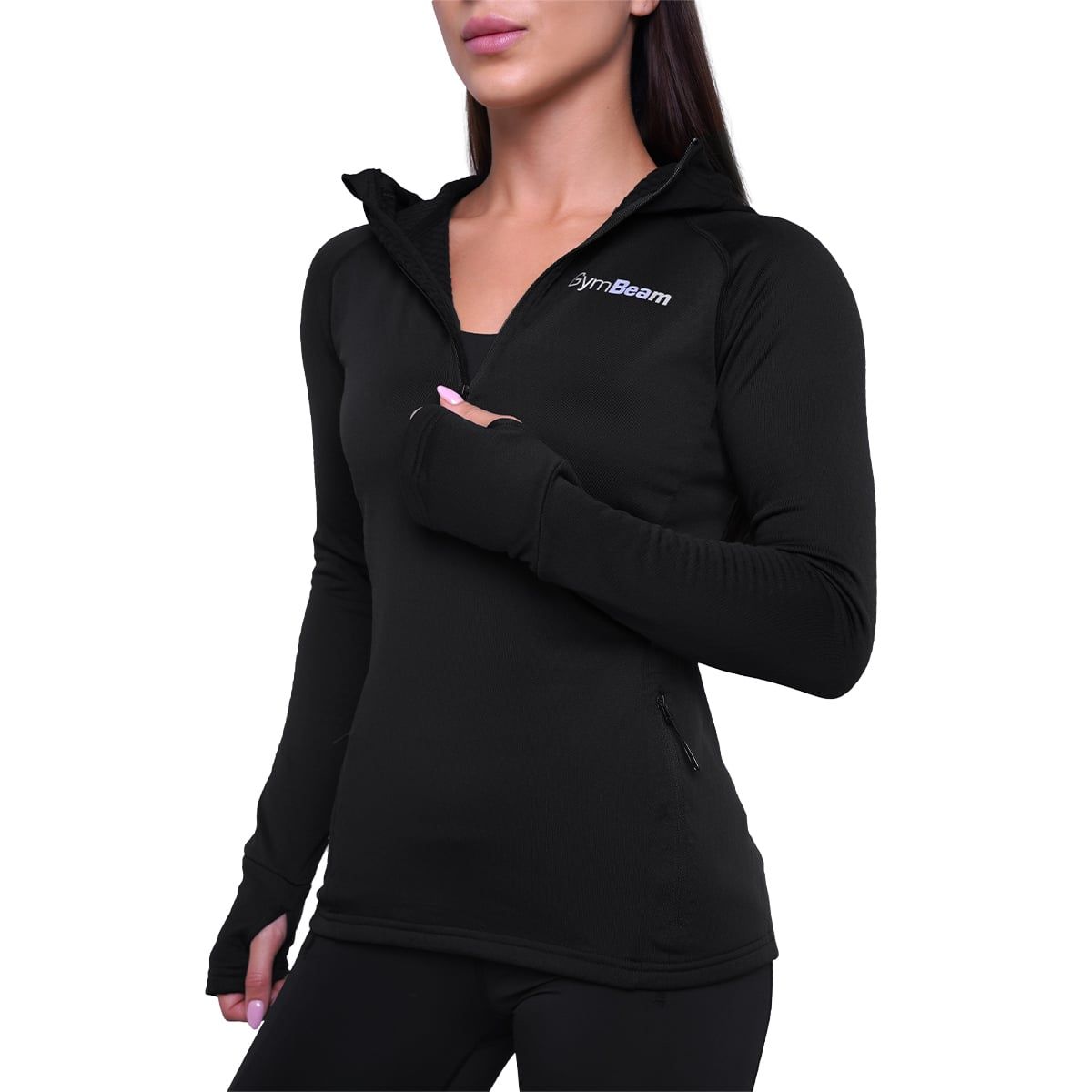 GymBeam Sweatshirt Damen slim mit halbem Reißverschluss und Kapuze in Schwarz