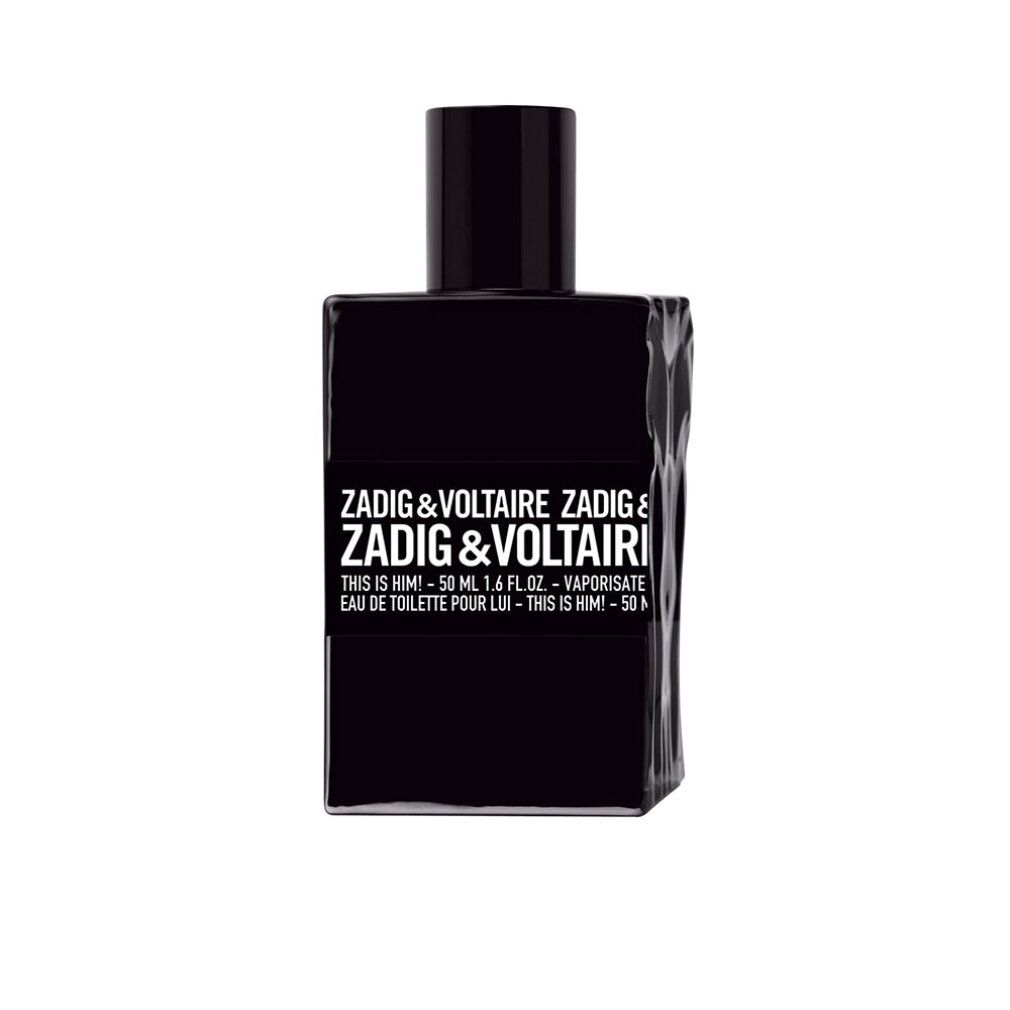 Schwarzer Flakon von Zadig & Voltaire This Is Him Eau de Toilette. Text: Zadig & Voltaire, This Is Him! 50 ml.