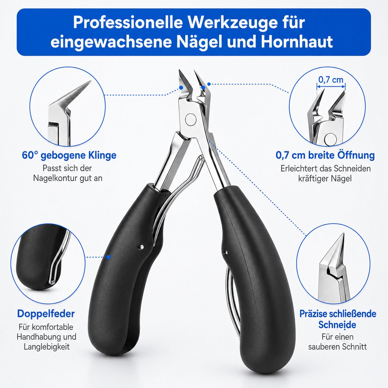 Nagelzange: 60° gebogene Klinge, 0,7 cm Öffnung, Präzisionsschneide, Doppelfeder.