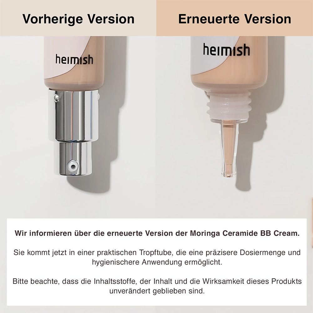 Vergleich der alten und neuen BB Moringa Ceramide BB Cream Verpackung mit Tropftube.
