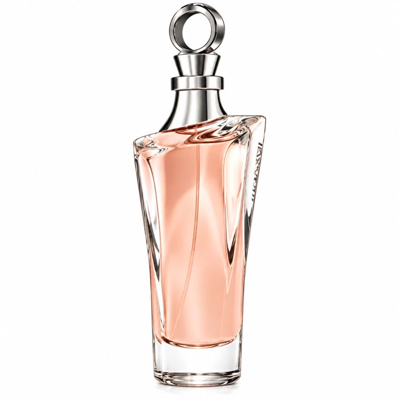 Eine elegante Glasflasche mit rosa Parfüm und einem silbernen Verschluss mit Ring.