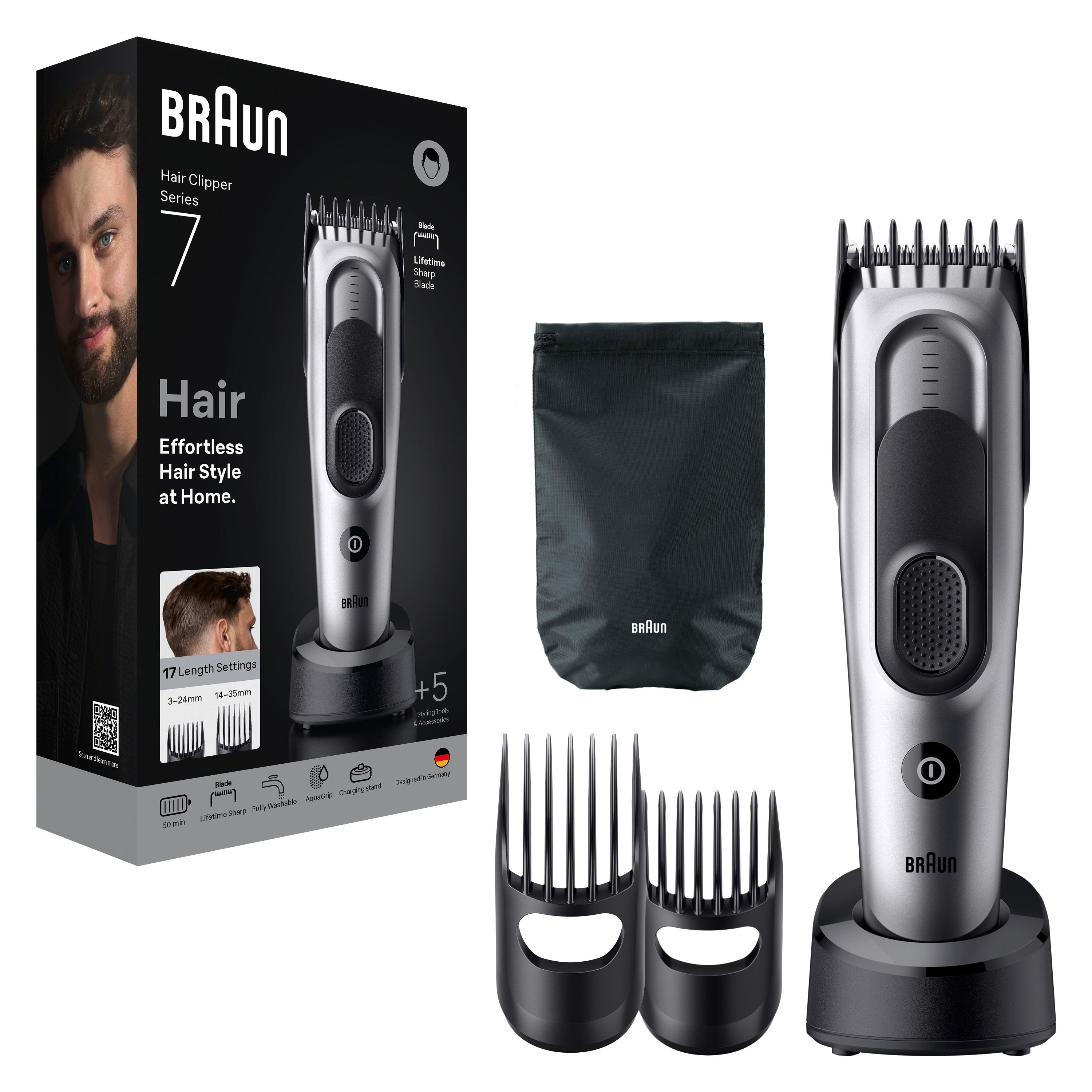 Braun Series 7 Haarschneider mit Verpackung, Ladestation, Aufsätzen und Beutel. Silber-schwarz. 17 Längeneinstellungen.