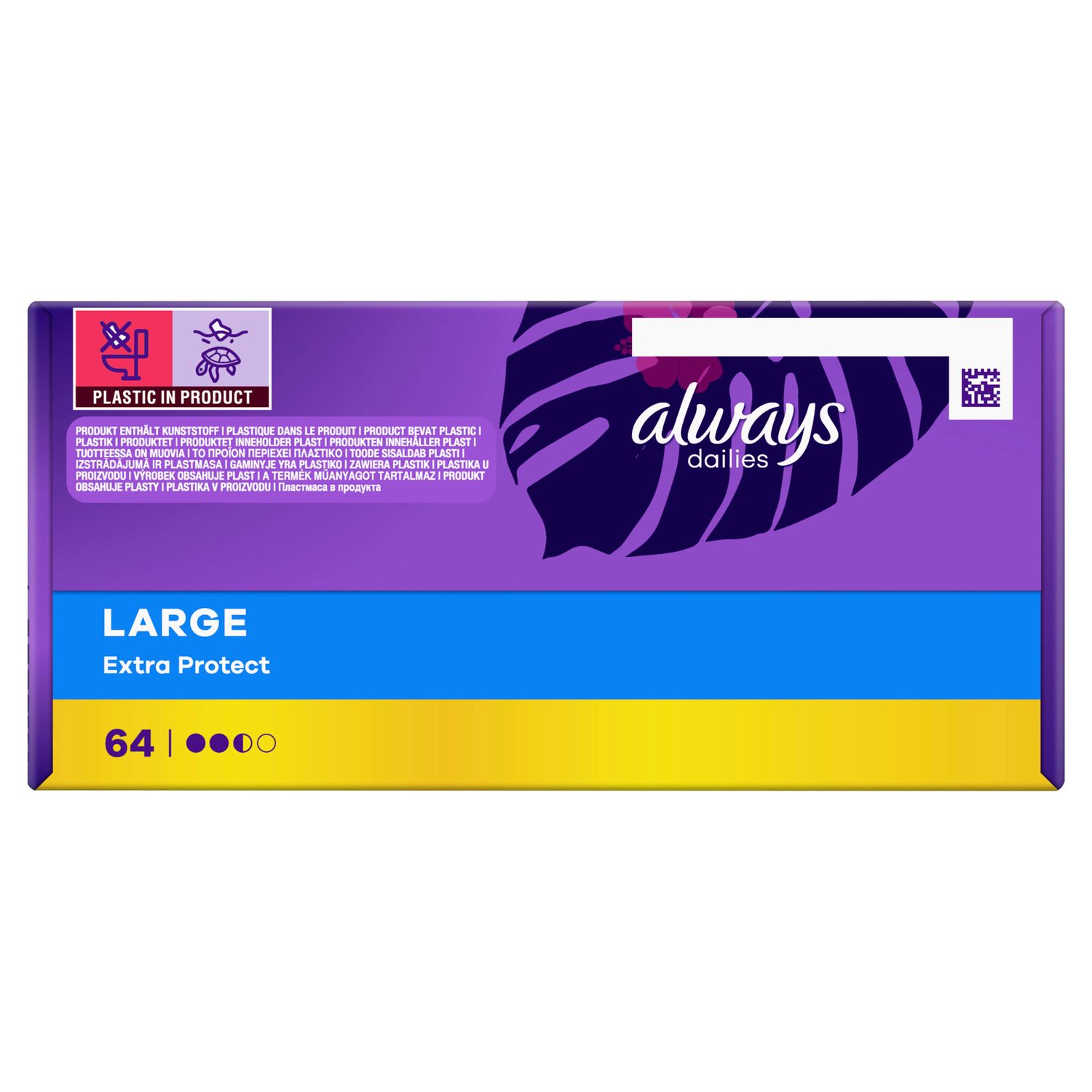 Always Dailies Slipeinlagen-Verpackung. Rückansicht mit Produktinformationen und Recycling-Symbol. Lila, gelb und blaues Design.