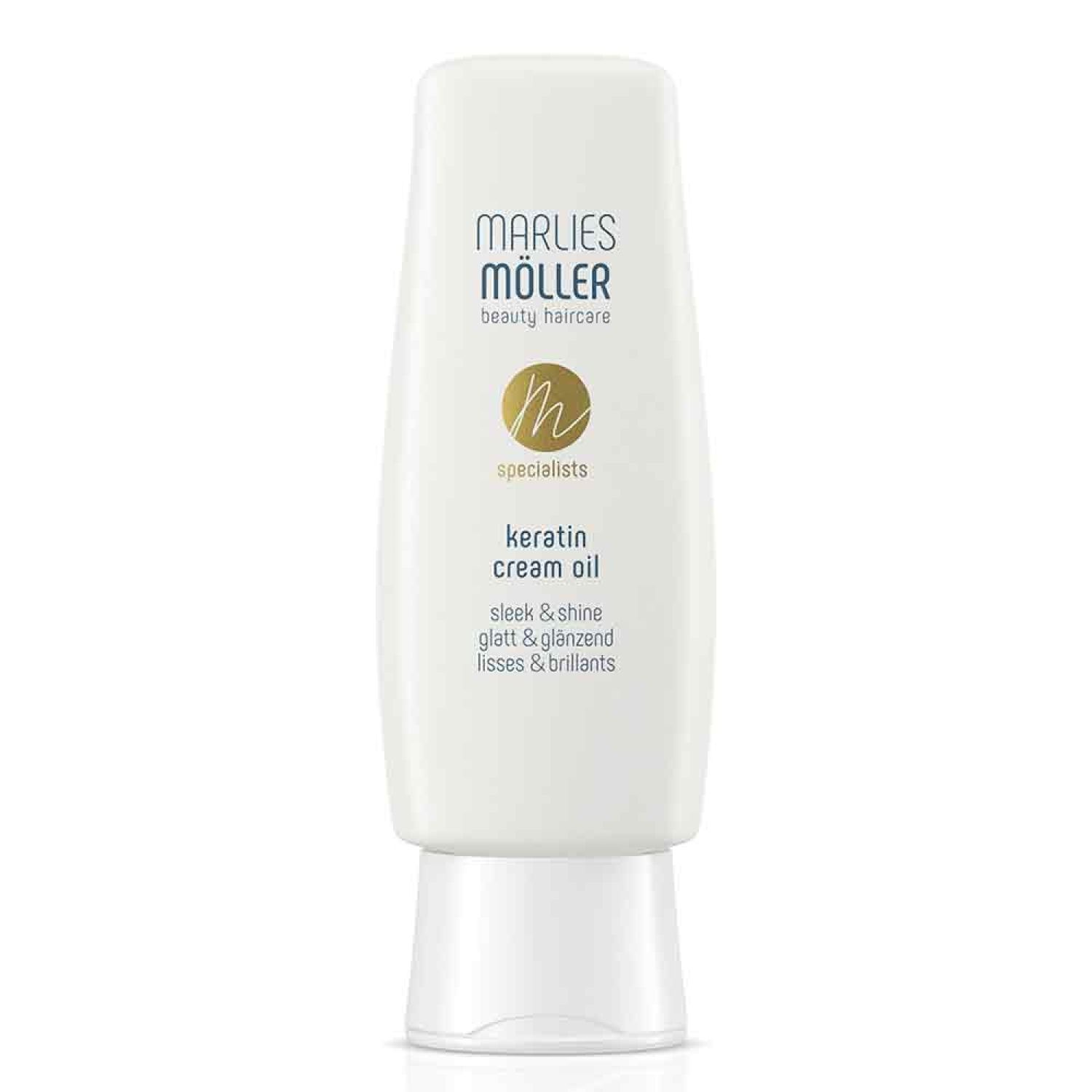 Weiße Tube mit Marlies Möller Keratin Cream Oil. Text in Deutsch und Englisch. Logo mit goldenem Kreis.