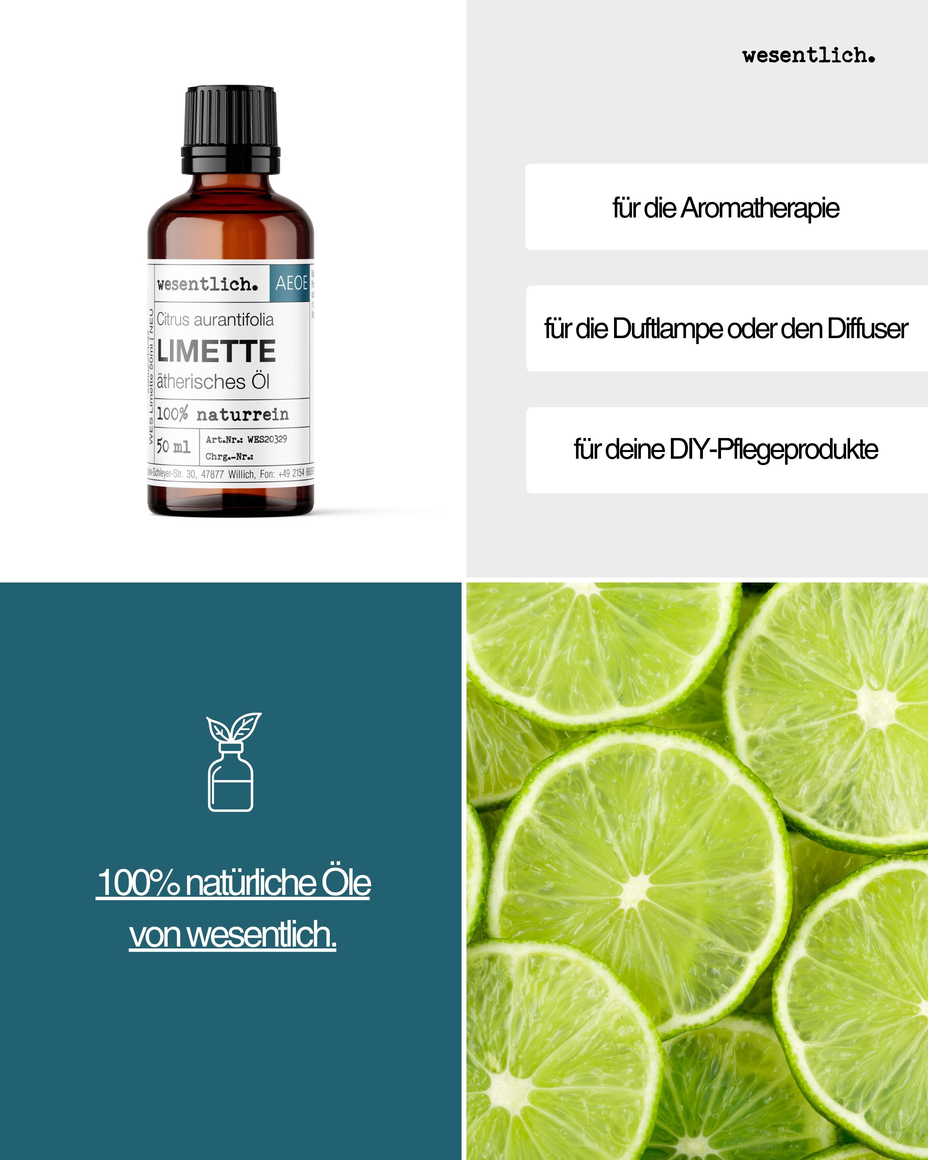 Collage: Flasche Limettenöl, Textfelder für Aromatherapie, Duftlampe, DIY-Pflegeprodukte, Symbol für natürliche Öle, Scheiben von Limetten.