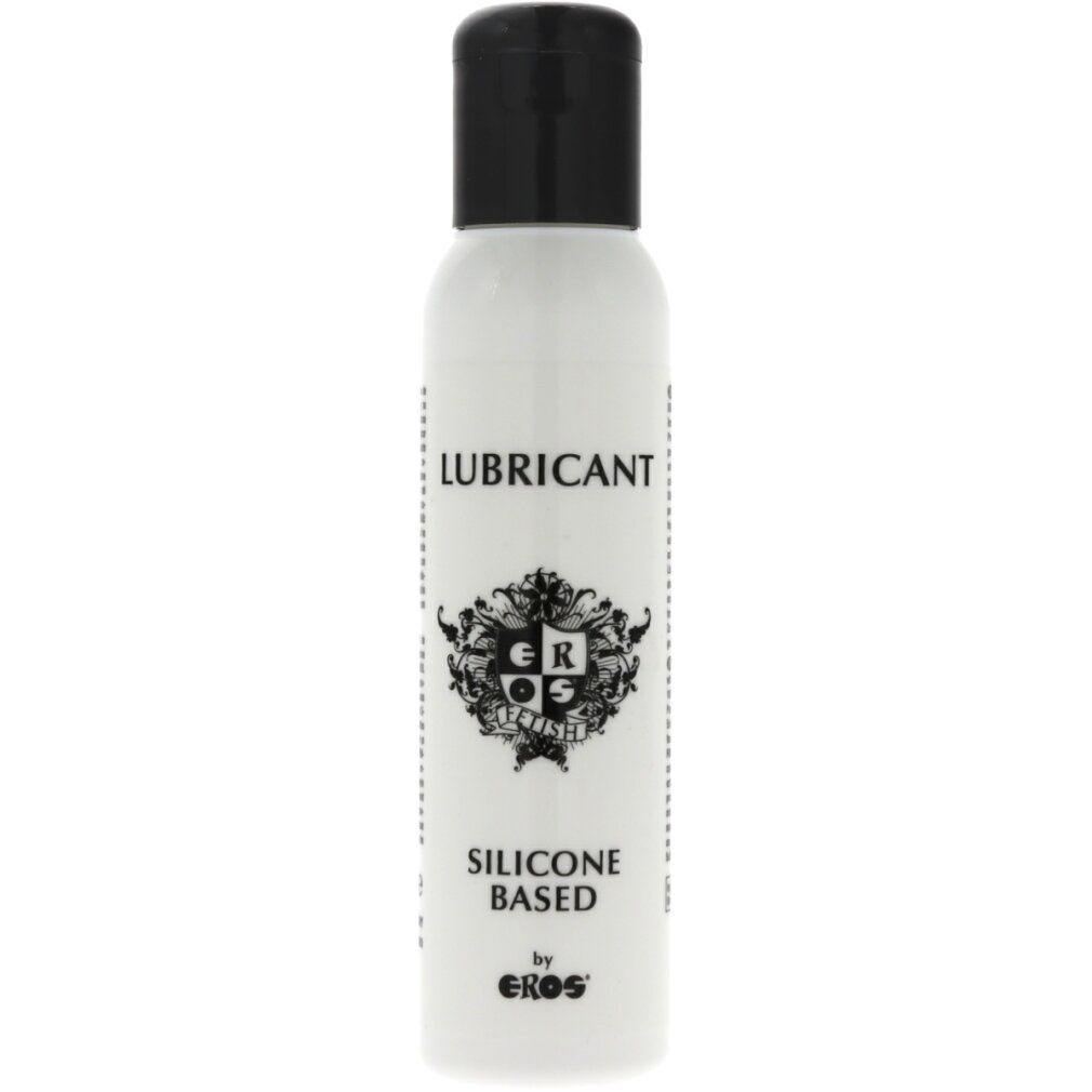 Weißes Fläschchen mit schwarzem Deckel. Aufschrift: LUBRICANT, SILICONE BASED, by EROS. Logo mit GR und Ornamenten.