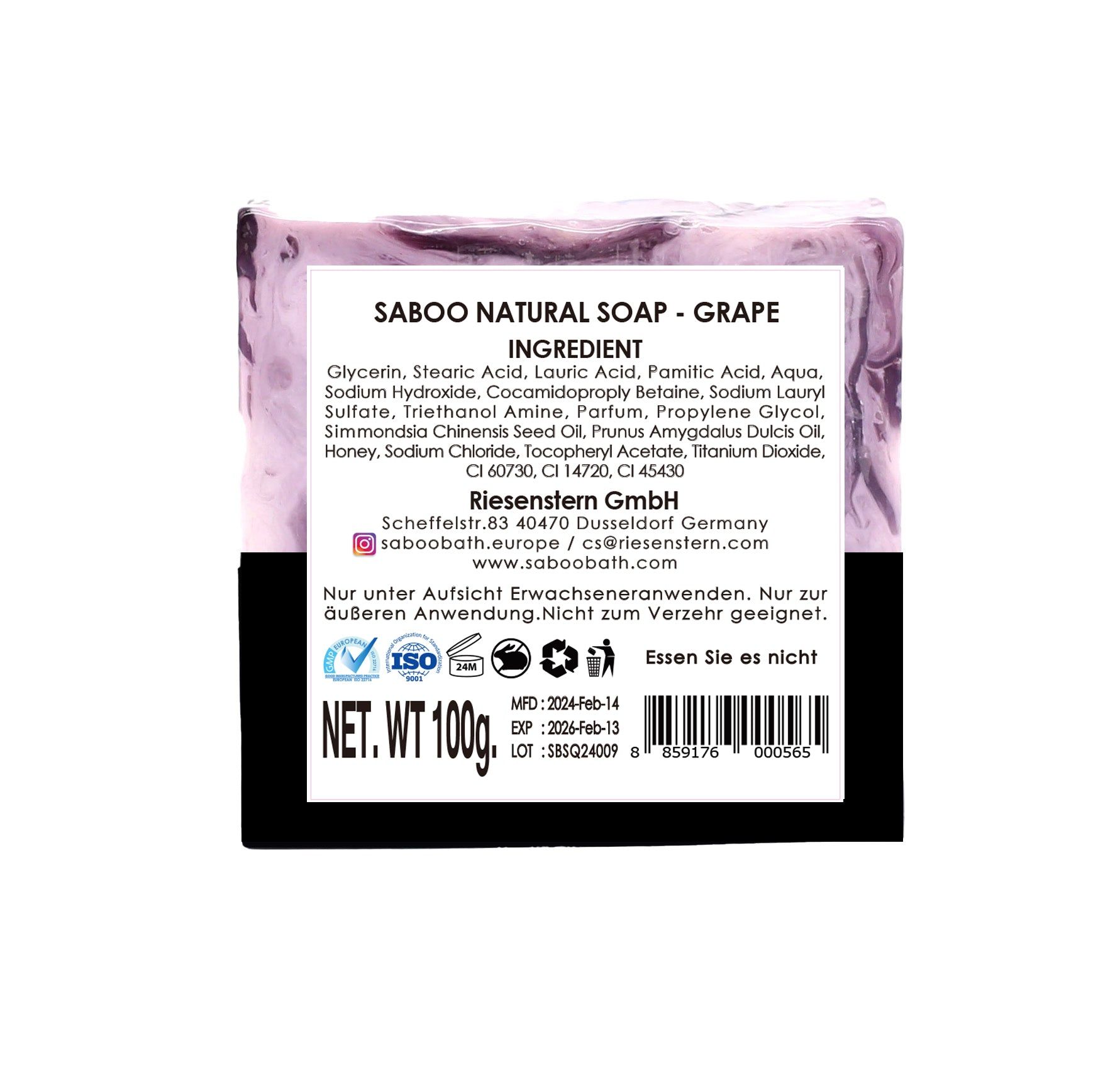 Rückseite der Seife mit Zutatenliste und Herstellerinformationen. Schwarze Verpackung mit ISO-Zertifizierung und Gewicht.