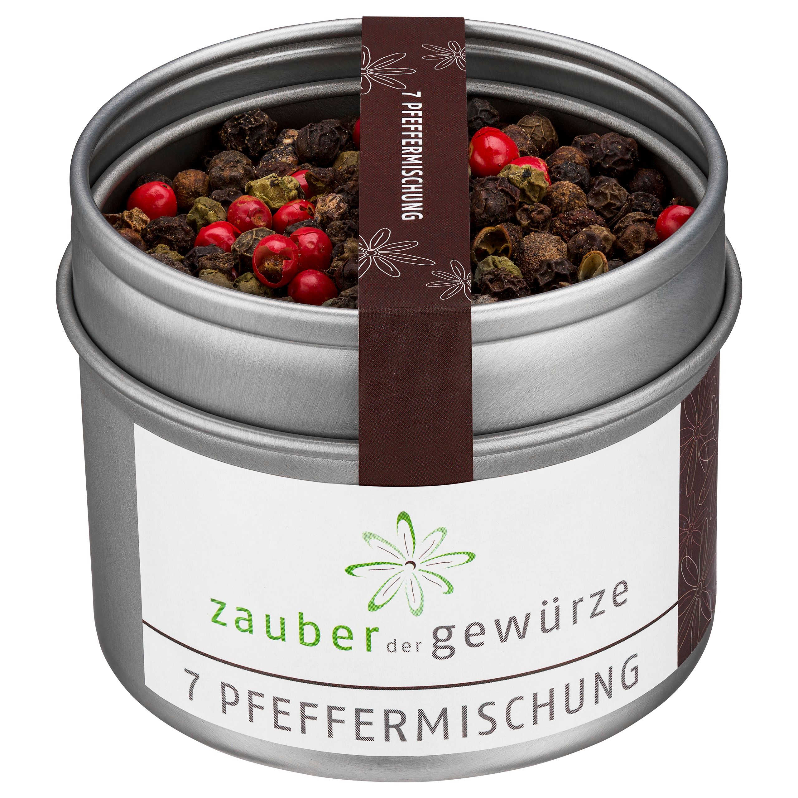 Runde Dose mit 7 Pfeffermischung. Weißes Etikett mit Logo und Produktbezeichnung. Brauner Streifen mit Produktname. Dose geöffnet, Pfefferkörner sichtbar.