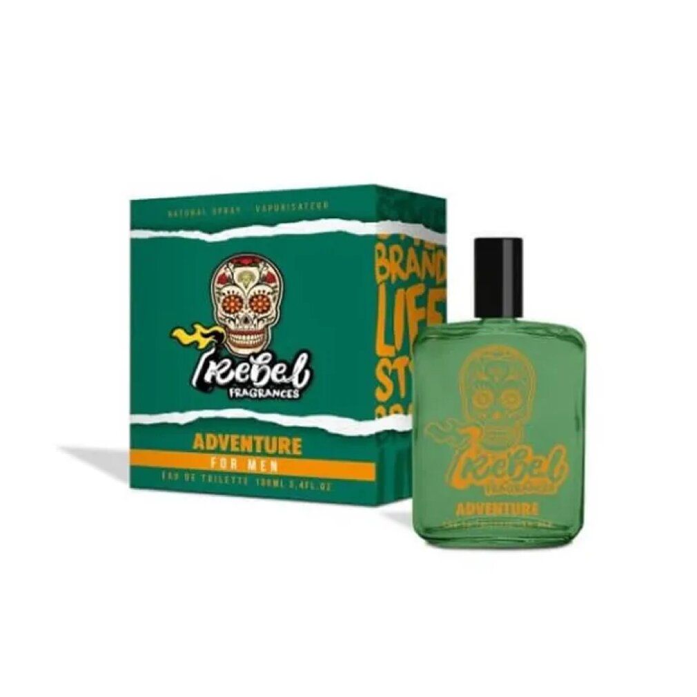 Grüne Flasche und Schachtel mit Totenkopf-Design. Aufschrift: Rebel Adventure For Men Eau De Toilette.
