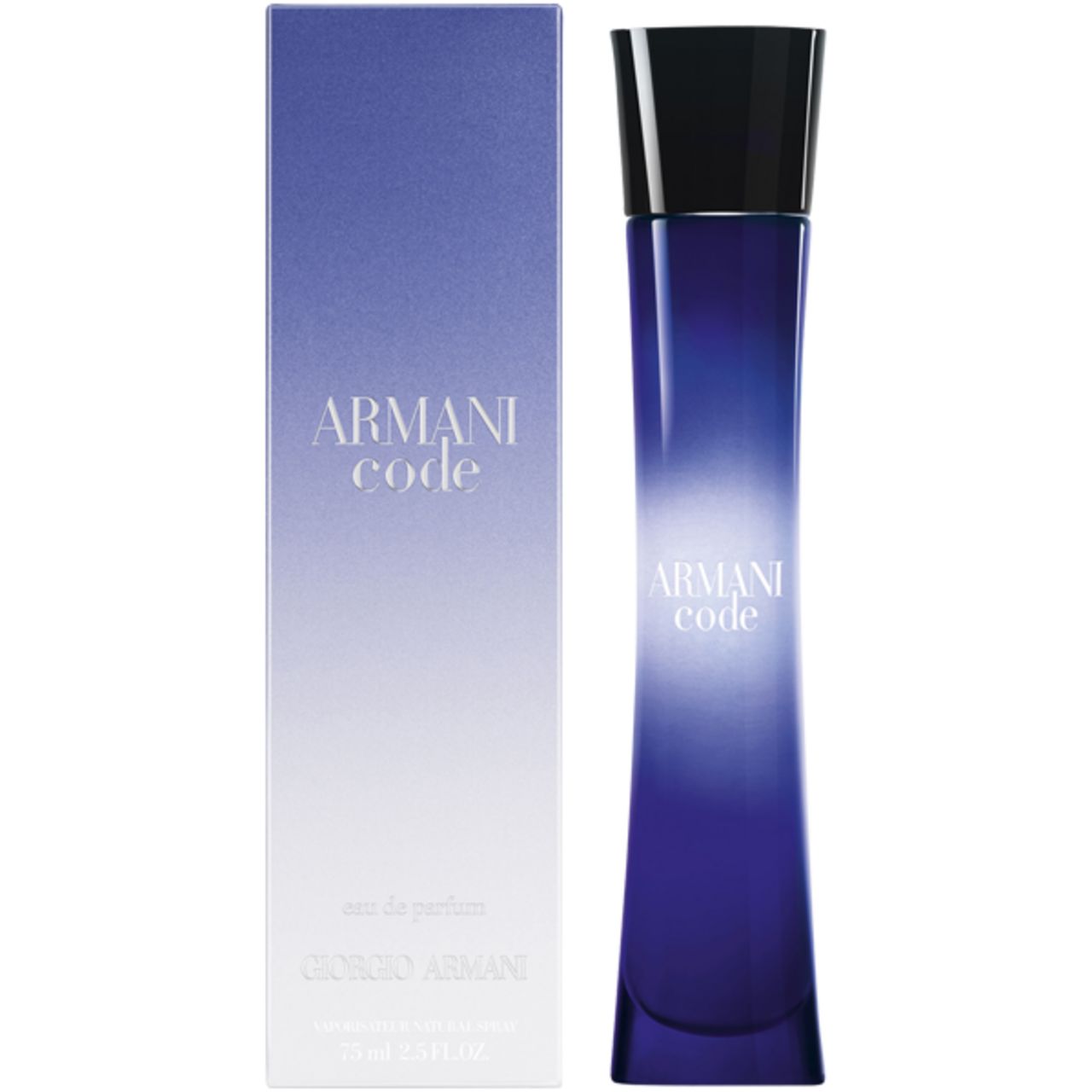 Flakon und Verpackung. Flakon blau-schwarz mit schwarzem Deckel, Schriftzug Armani Code. Verpackung hellblau mit Schriftzug.