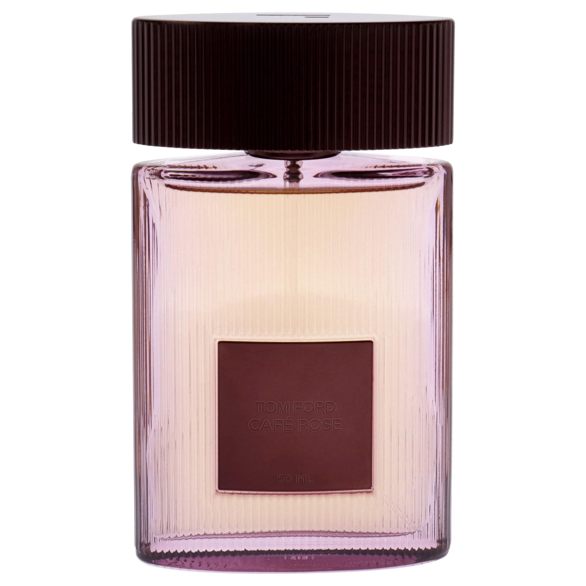 TOM FORD CAFE ROSE Flakon. Rechteckiger Flakon mit braunem Deckel und rechteckigem Etikett. Geriffelte Oberfläche.