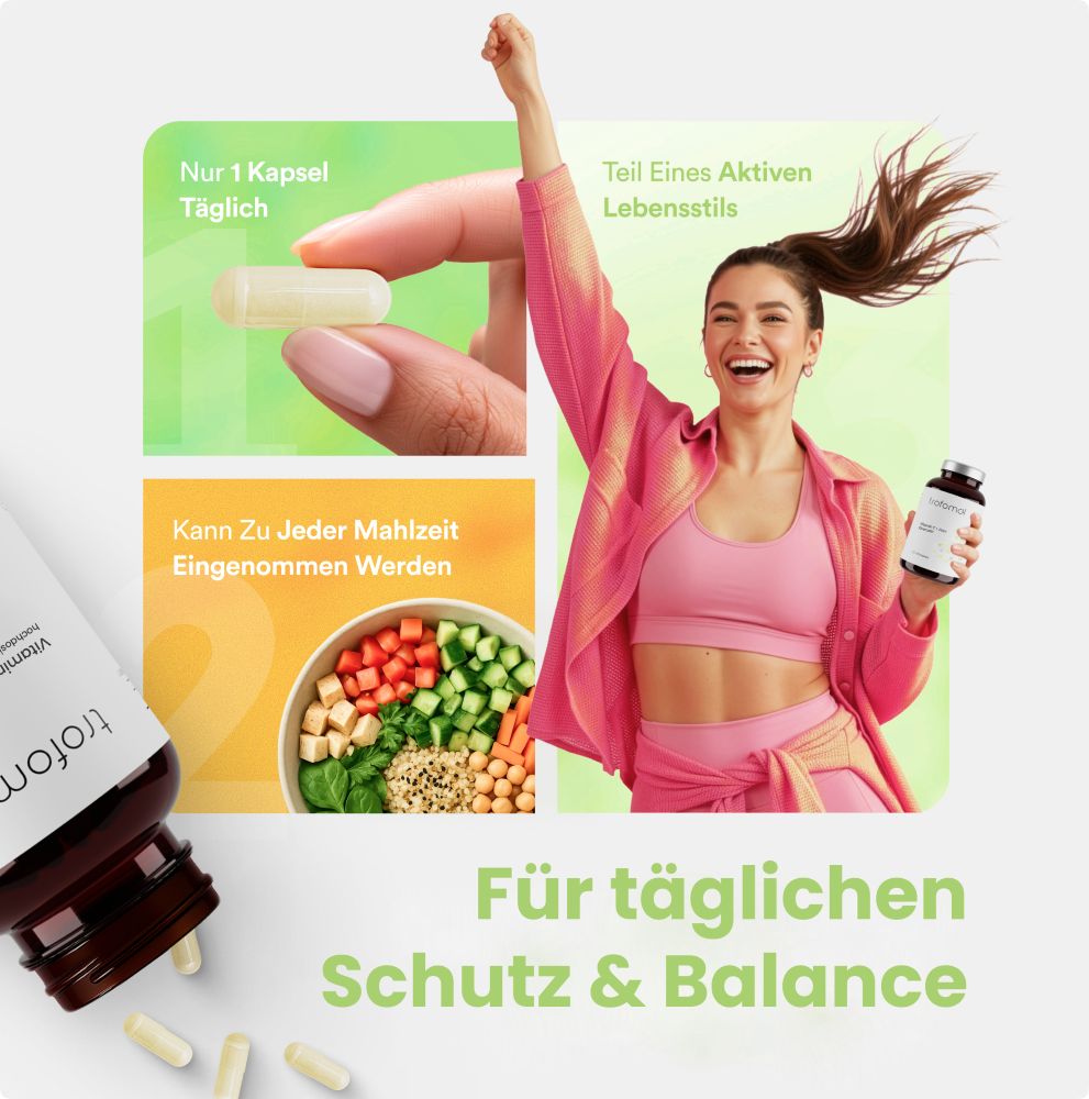 Frau hält Kapsel und Flasche. Text: Nur 1 Kapsel täglich. Kann zu jeder Mahlzeit eingenommen werden. Für täglichen Schutz & Balance.