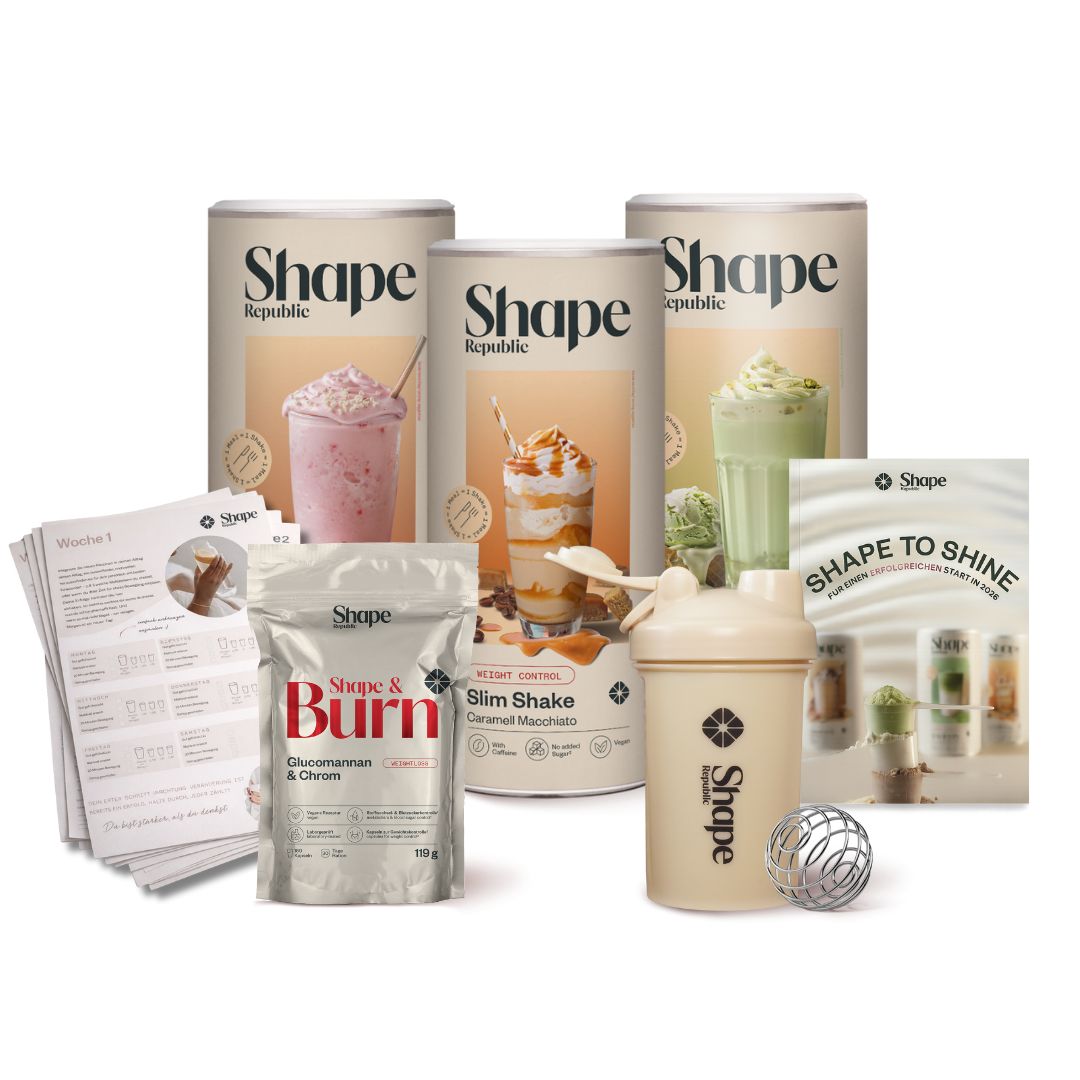 Produkt-Set mit Shakes, Kapseln, Shaker und Broschüren. Shape Republic Logo.
