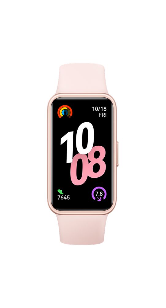Fitness-Tracker mit rosa Armband und rechteckigem Display. Zeigt Uhrzeit, Datum und Gesundheitsdaten an. Rosa Gehäuse.