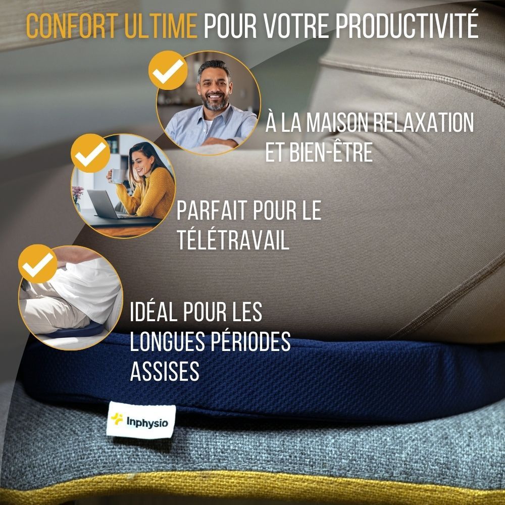 Personnes assises sur un coussin de siège bleu en forme de U. Description du produit avec texte et logos.