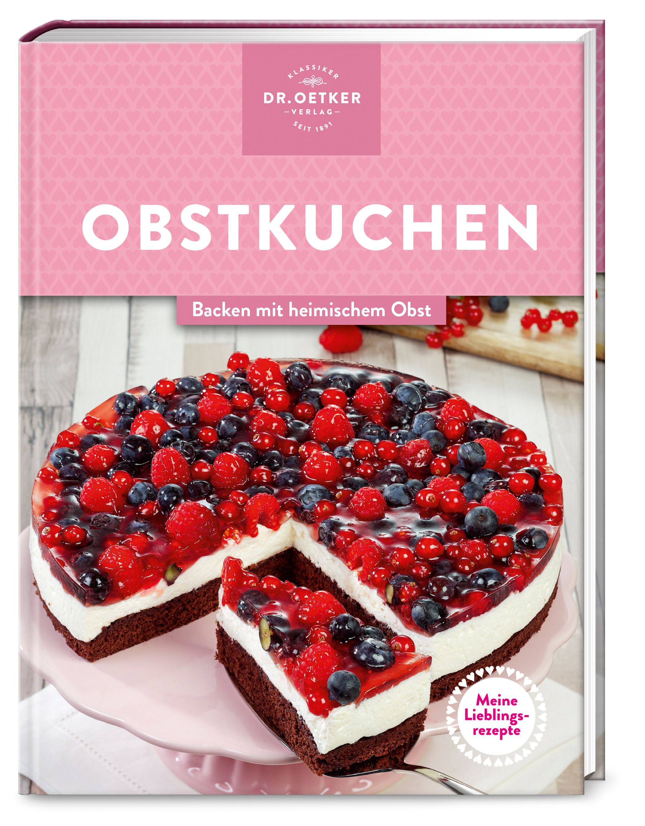 Buchcover mit Obstkuchen. Titel: Obstkuchen, Untertitel: Backen mit heimischem Obst. Logo: Dr. Oetker. Auf dem Cover ein Kuchen mit Beeren.