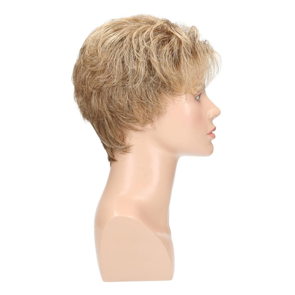 Perücke Ellen von Lofty, blond, auf einer Büste. Kurze, gewellte Haare. Seitenansicht.