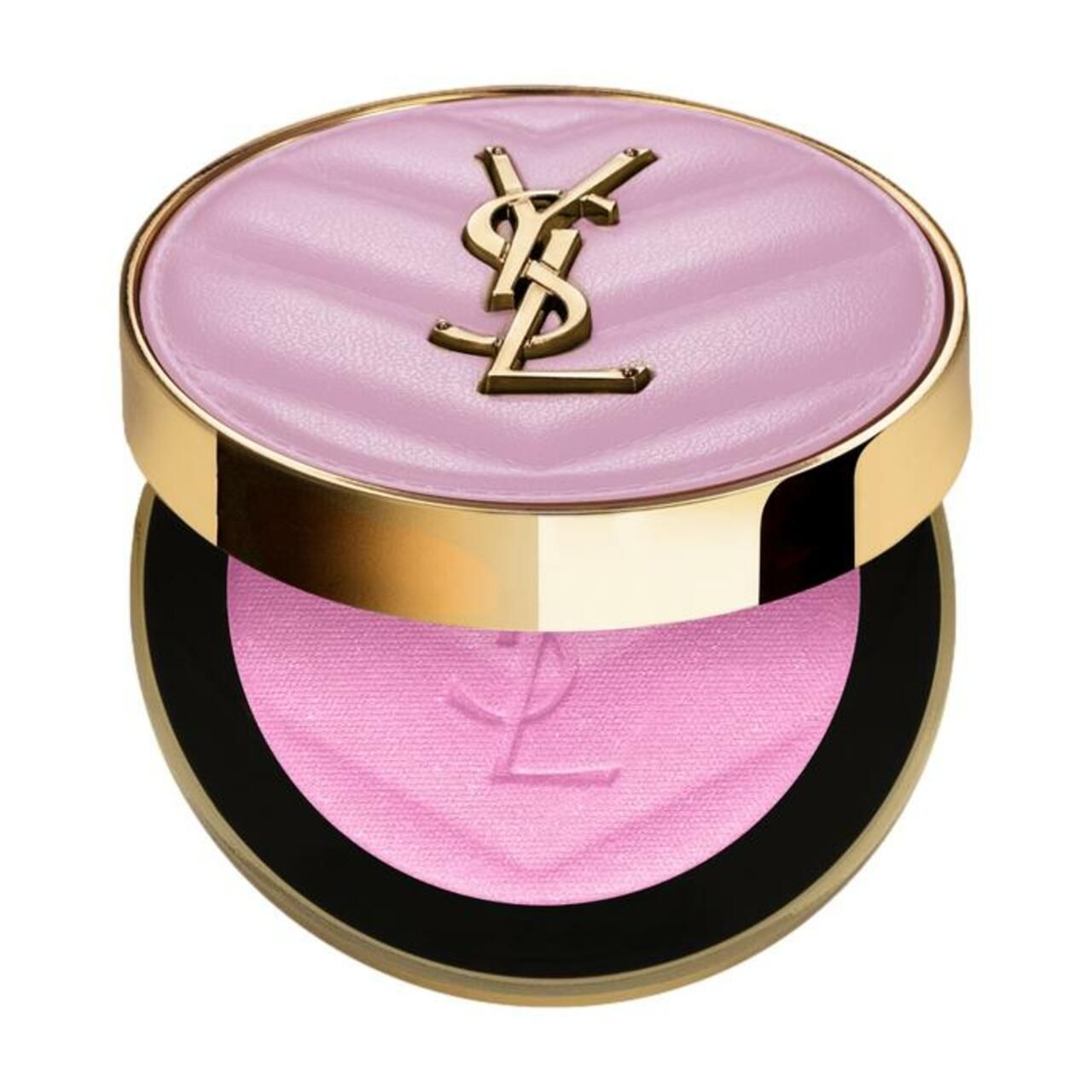 Geöffneter Yves Saint Laurent Make Me Blush. Rosafarbener Puder mit Logo. Goldfarbener Deckel.