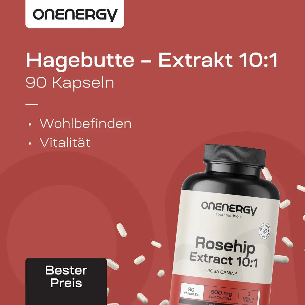 OnEnergy Hagebutte Extrakt 10:1, 90 Kapseln für Wohlbefinden und Vitalität. Bester Preis.