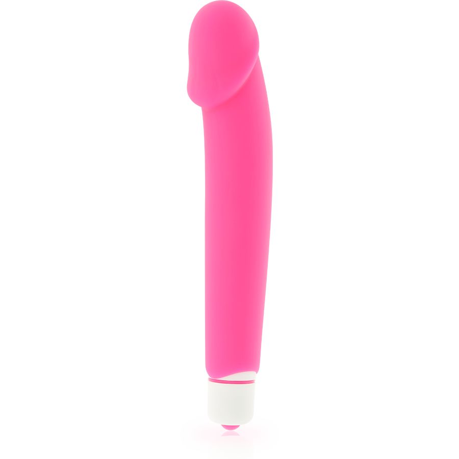 Pinkfarbener Silikon-Vibrator mit weißem Sockel. Geformt mit erhabenem Kopf. Auf weißem Hintergrund.
