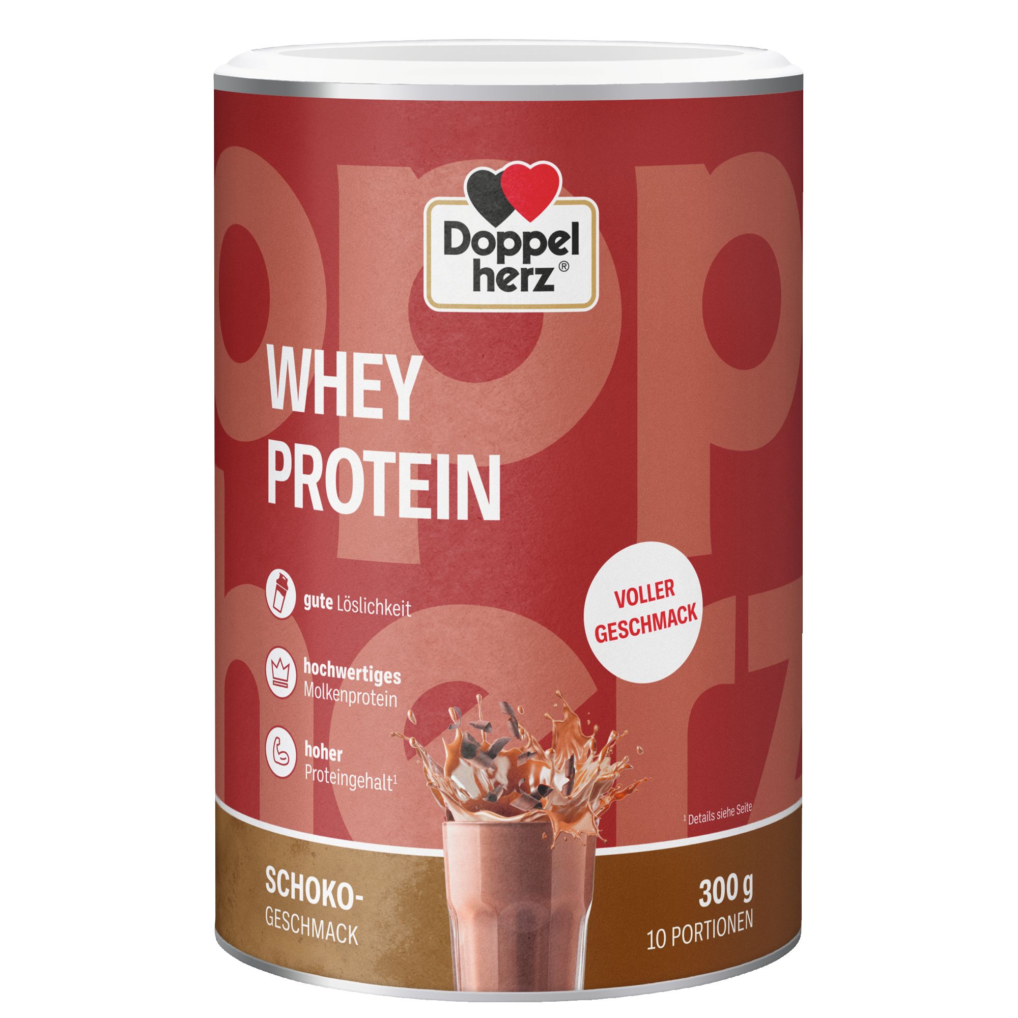 Doppelherz WHEY PROTEIN Schoko Dose. Rote und weiße Farbgebung. Produktinformationen und Logo.