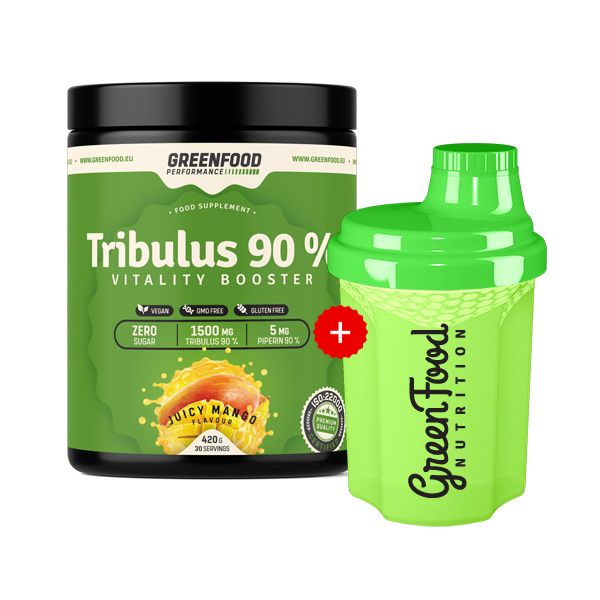 Grünes Nahrungsergänzungsmittel mit der Aufschrift "Tribulus 90%" und einem grünen Shaker. Aufschrift "GreenFood Nutrition".