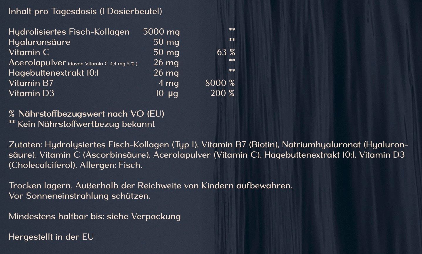 Nahaufnahme einer Tabelle mit Nährwertangaben und Inhaltsstoffen für HAV Collagen.