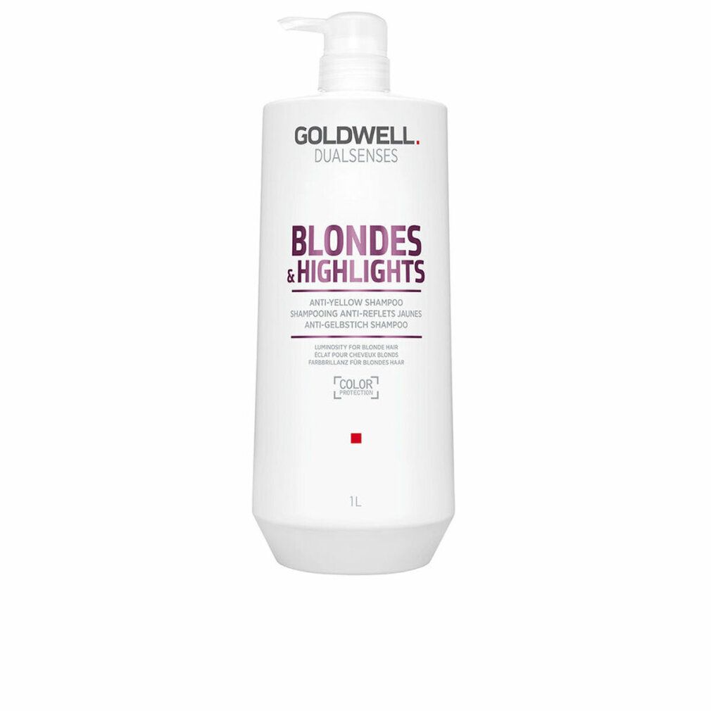 Goldwell Dualsenses Blondes & Highlights Shampoo. Weiße Flasche mit Pumpe. Text: Anti-Gelbstich Shampoo, 1L.