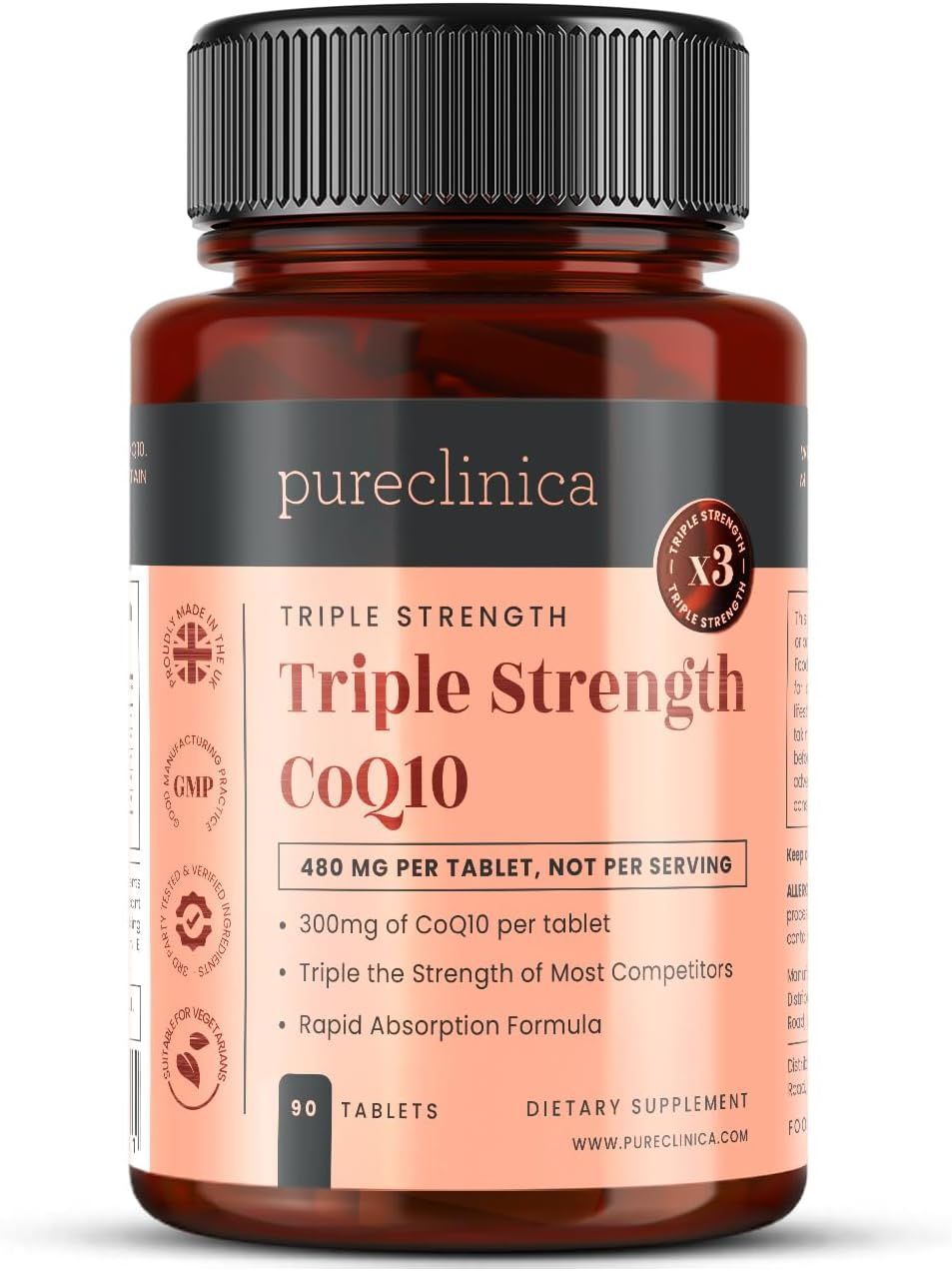 Braune Tablettenflasche mit schwarzem Deckel. Enthält CoQ10-Tabletten. Enthält Informationen zu Inhaltsstoffen und Dosierung.