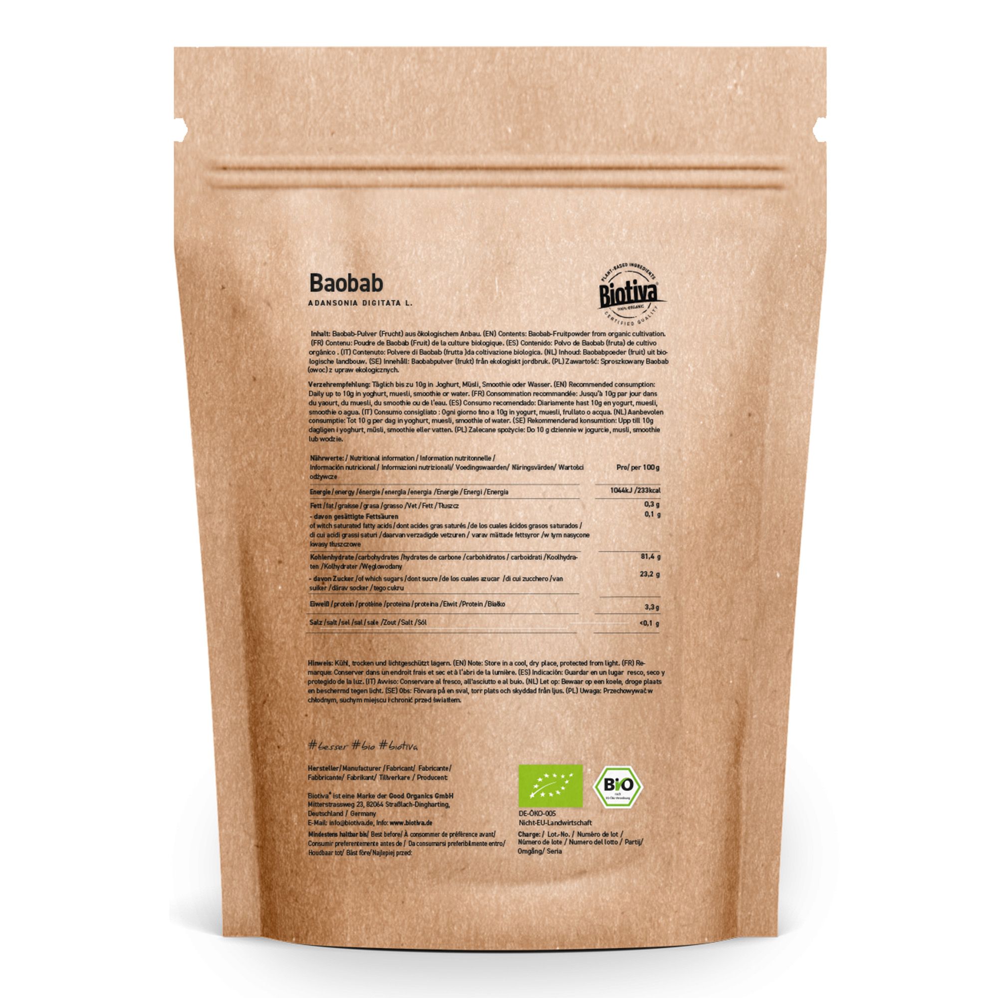 Braune Papierverpackung mit Aufdrucken. Rückseite mit Nährwertangaben und Bio-Siegel. Marke Biotiva.