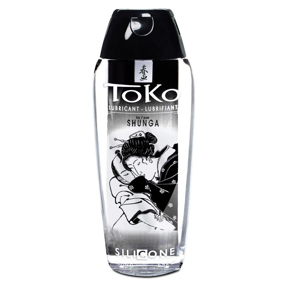 Transparente Flasche mit schwarzem Deckel. Aufdruck: TOKO, SHUNGA, Abbildung einer Frau. Aufschrift: SILICONE.