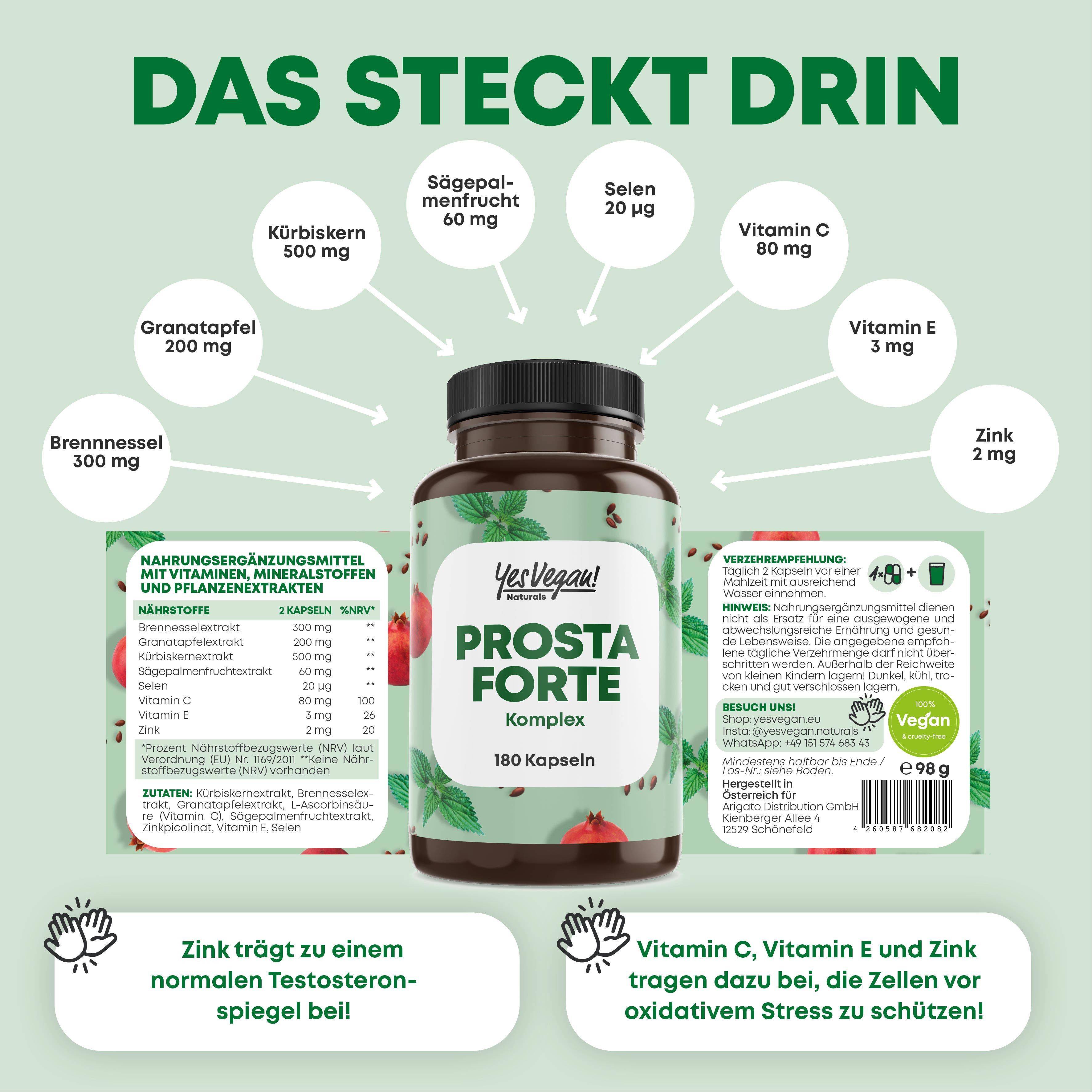Flasche mit Prosta Forte Komplex Kapseln. Enthält Kürbiskerne, Granatapfel, Brennnessel, Selen, Vitamin C, E und Zink. 180 Kapseln.