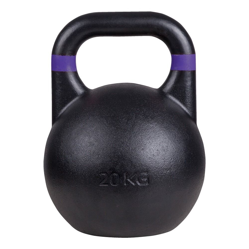 Schwarze Kettlebell mit violetter Griffmarkierung. Gewicht: 20 kg. Runde Form mit Henkel.
